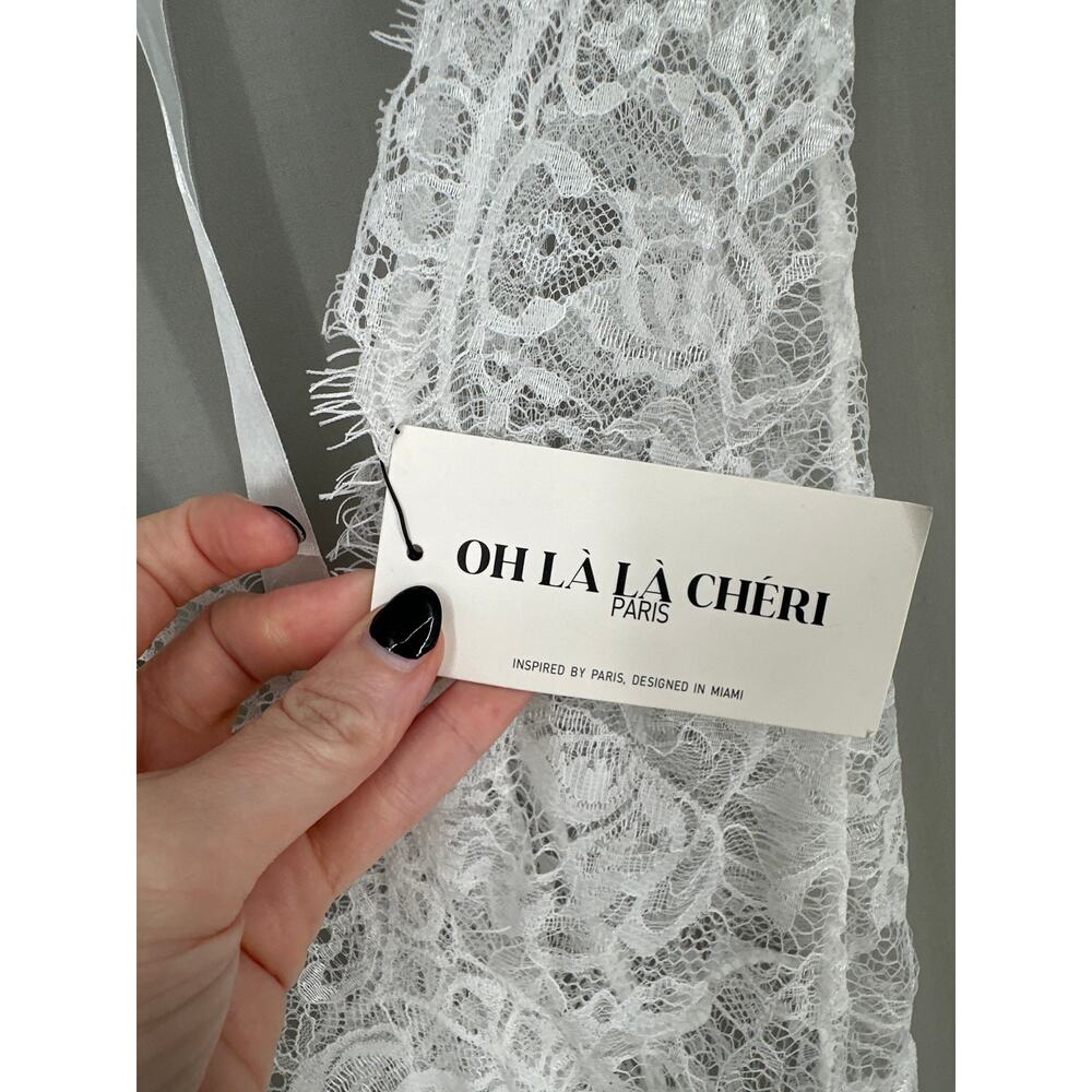 Oh La La Cherie Teddy Lingerie L XL White Eyelash Lace Halter Tie Bow Sheer New - Picture 3 of 8